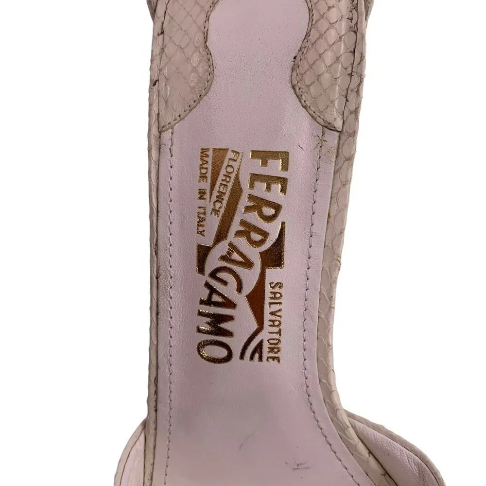 SALVATORE FERRAGAMO White Snakeskin Ankle Strap Silver Stiletto Heels Size 9 B